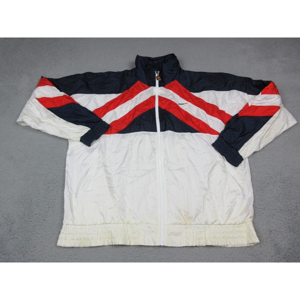 Vintage Ellesse Jacket Mens 3XL White Red Navy Chevron Full Zip Windbreaker